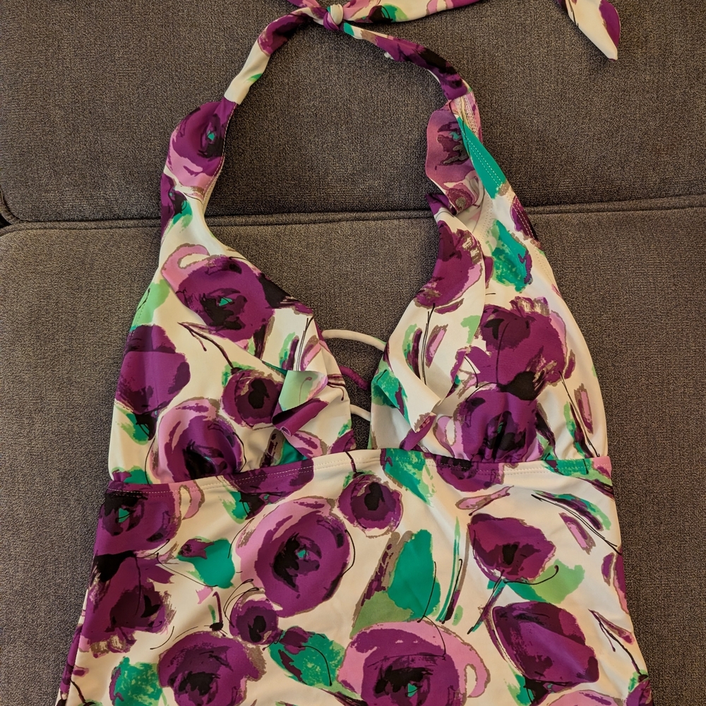 Faded Glory Purple Floral Halter Swimsuit